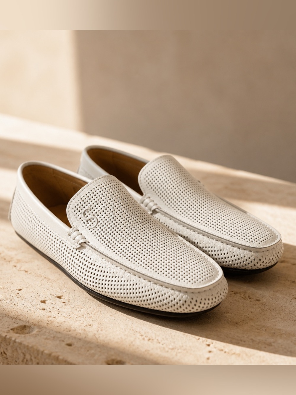 Casadei Men's Off-White Perforated Leather Slip-On Comfort Summer Loafers